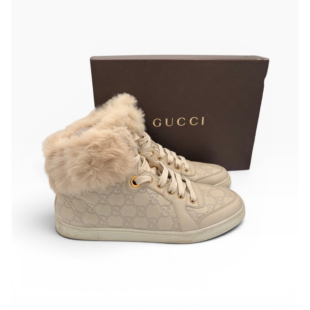 Gucci Guccissima Leather Rabbit FurHigh Top Sneakers 39.5 Luxury Beige Shoes BOX